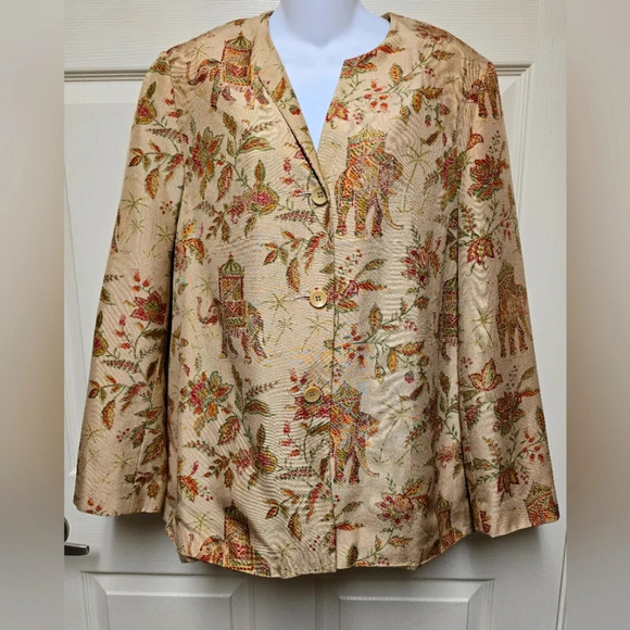 Vtg Talbots Jacket Beige Green Pure Silk Elephant Floral Asian Indian Split Sz10 - Picture 3 of 12